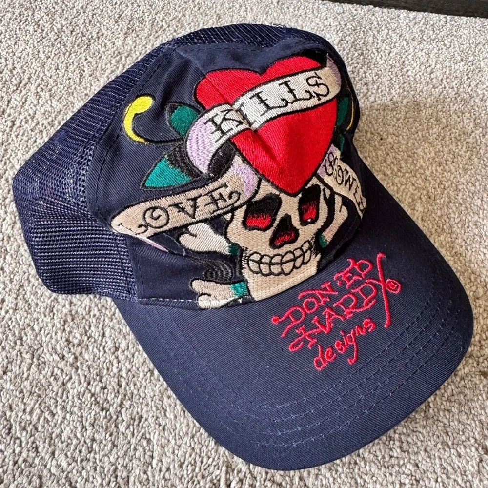 Vintage Y2K Ed Hardy Love Kills Slowly Trucker SnapBack Hat Authentic O/S - Picture 5 of 8